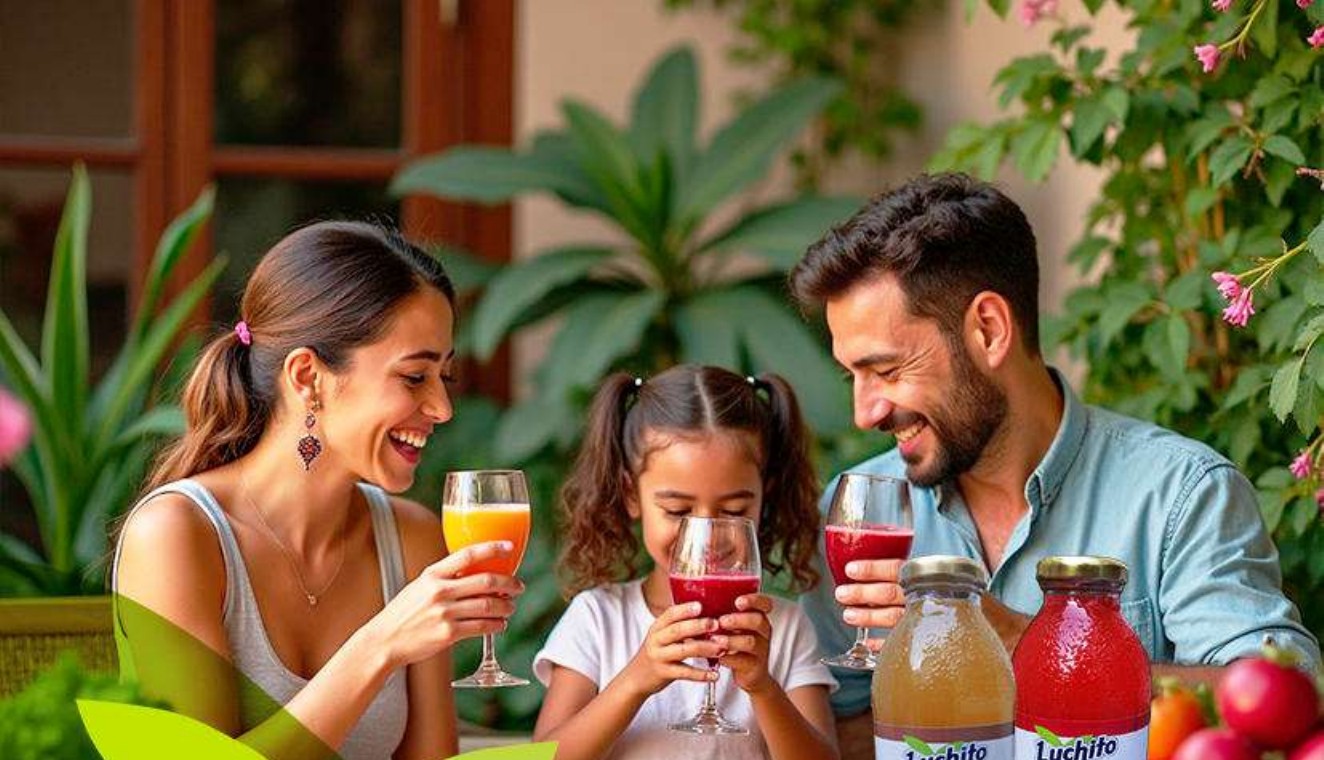 Familia disfrutando bebidas Luchito en un jardín natural